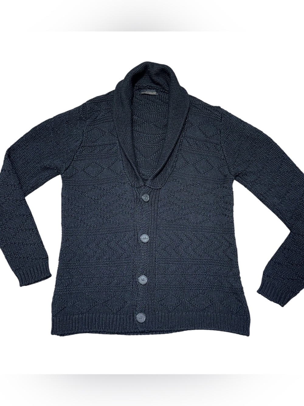 Zara Man Men’s XL Black Shawl Collar Chunky Knit Cardigan Button Up Sweater
